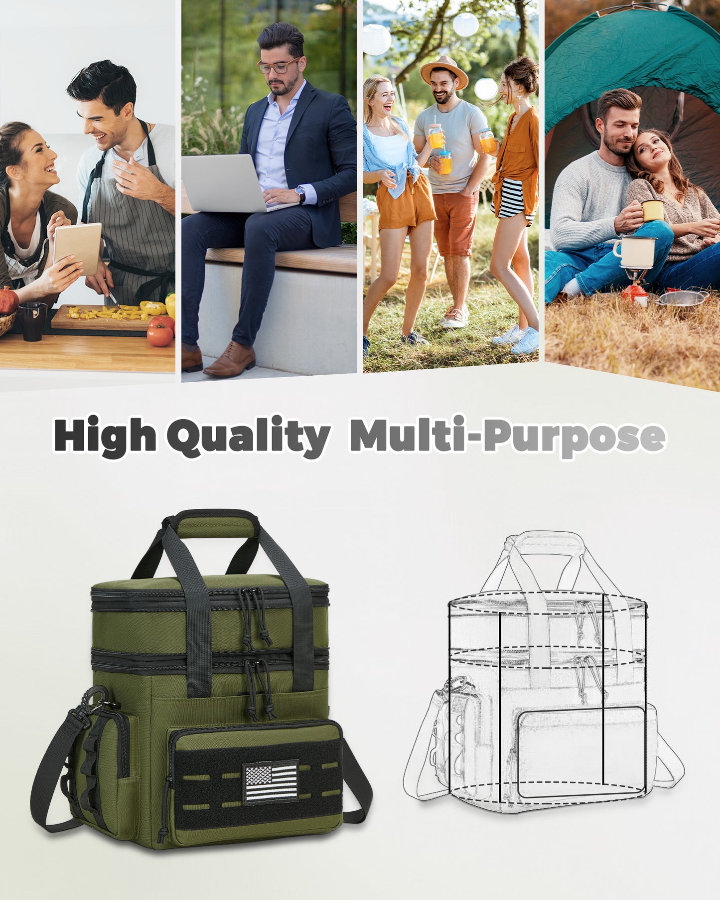 Holuxer Tactical Lunch Box & Lunch Bag for Men - Large Double Deck Insulated Adult Lunchbox for Work - Soft Expandable Lunch Cooler Bag for Beach Picnic Camping Outdoor Travel (Green,16L)