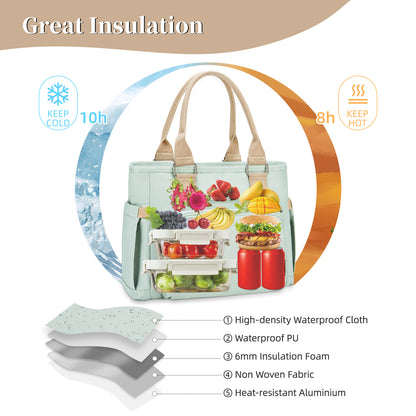 Holuxer Insulated Lunch Tote Bags for Women, Large Fashion Messenger Crossbody Shoulder Bag, Simple Ladies Cooler Purse Portable Leakproof Lunchbox Handbags for Work/Picnic (Green 12L)