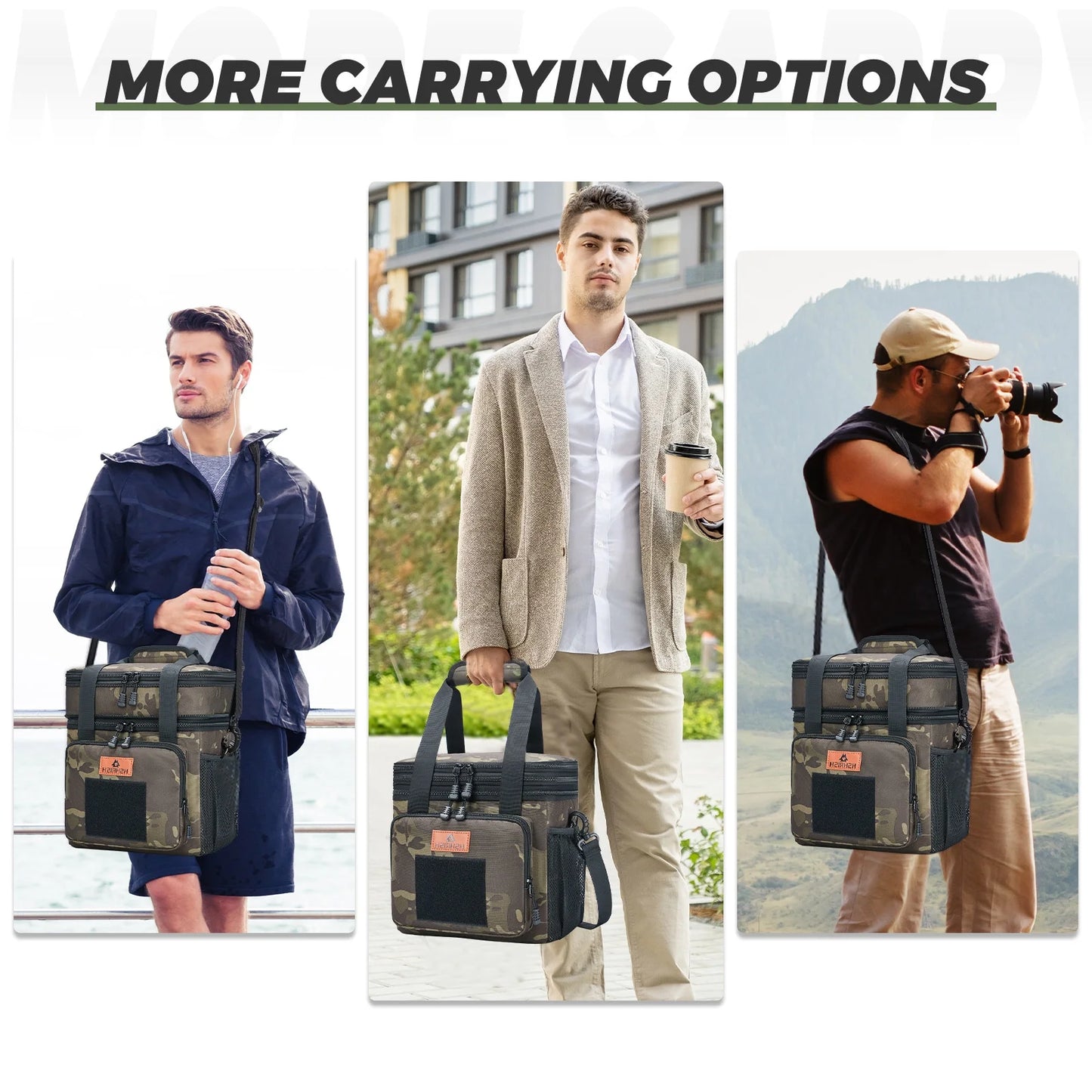 Holuxer Expandable Insulated Lunch Box for Men, Large Durable Thermal Lunch Bag with Shoulder Strap, Soft Leakproof Cooler Bags for Work Outdoor Picnic Trips, 20 Can/16 L, Camo, Mesh