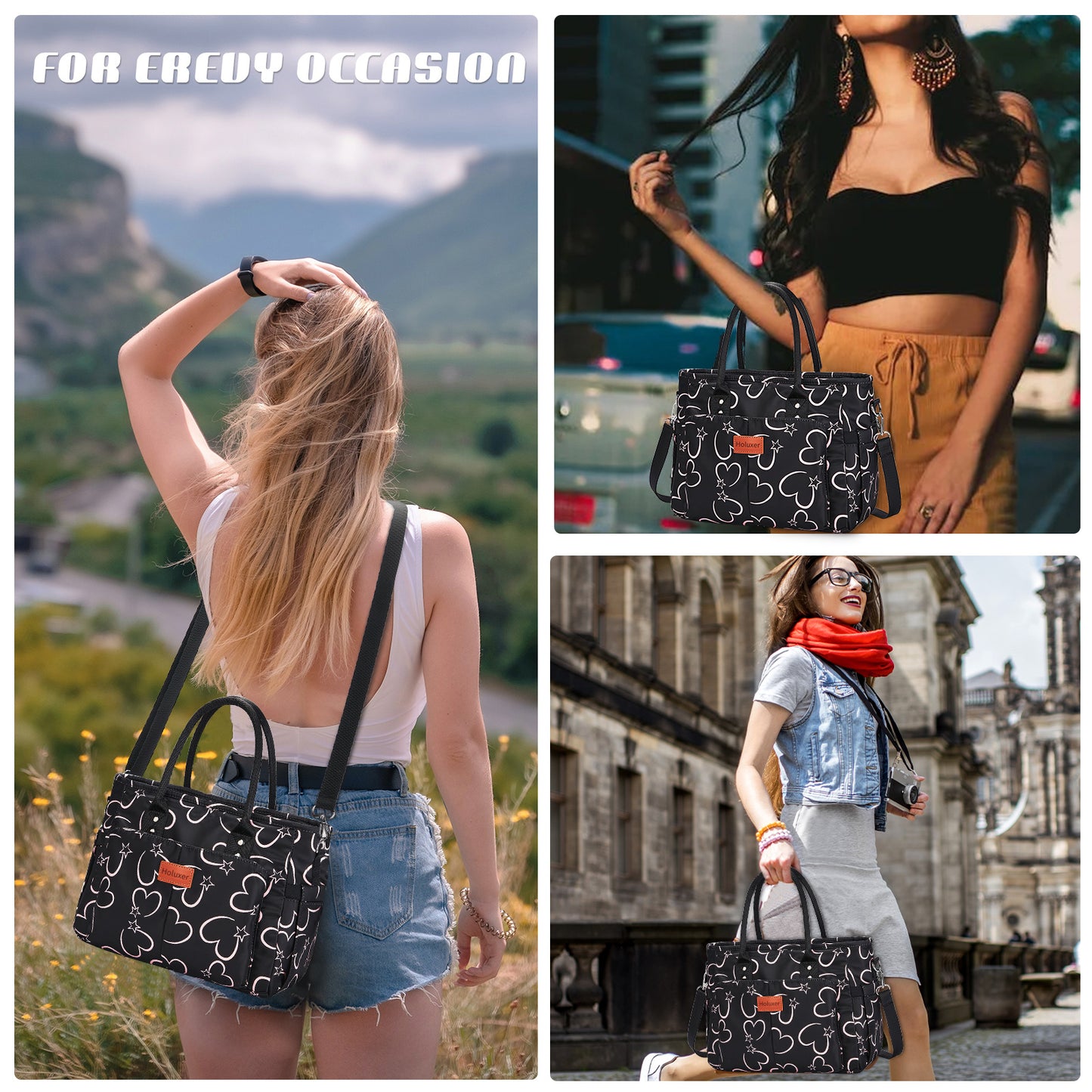 Holuxer Cute Lunch Bags for Women, Insulated Lunch Box for Work, Large Leakproof Cooler Purse with Side Pockets & Removable Shoulder Strap Womens Handbag Tote Bag for Shopping Picnic Beach (Love)
