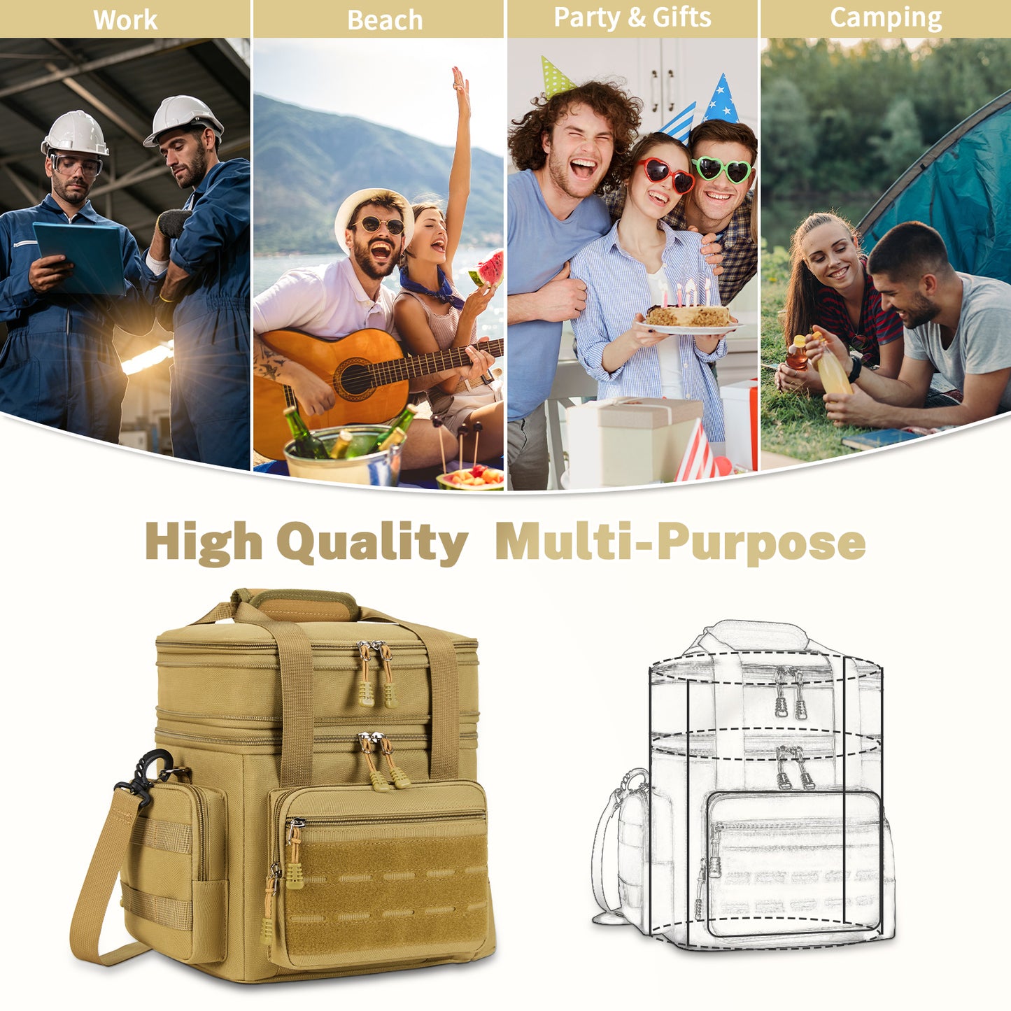 Holuxer Lunch Box for Men, 24 Can Double Deck Expandable Tactical Mens Lunch Bag for Work Travel Daytrip Picnic Camping, Large Capacity Cooler Bags with Adjustable Shoulder Strap, Brown