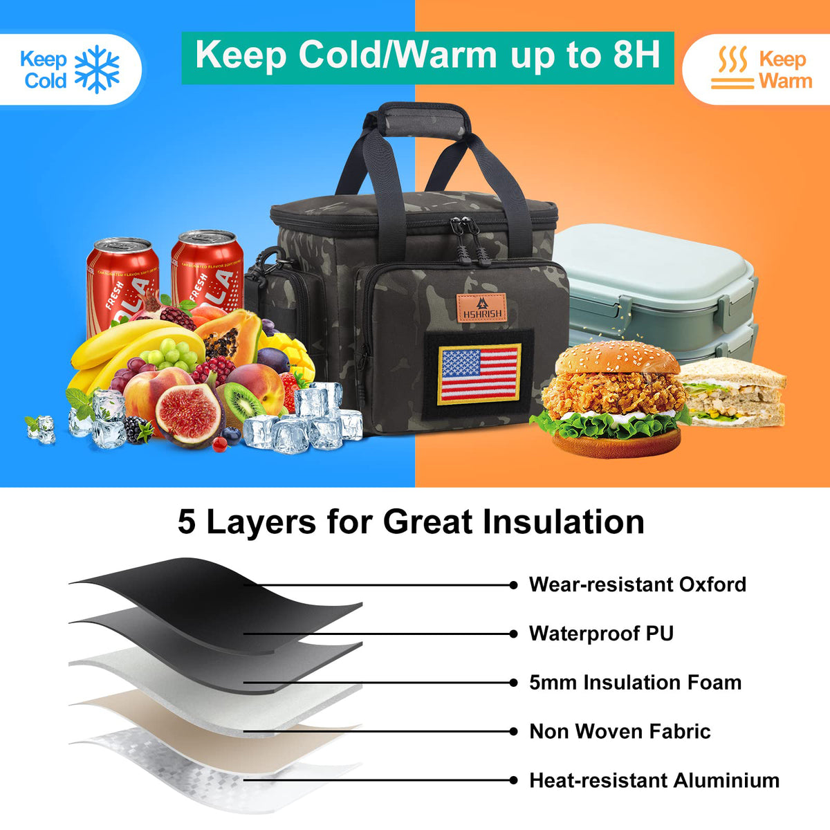 Tactical Large Lunch Box for Men, Heavy Duty Insulated Lunch Bag for Work, Leakproof Lunch Cooler Bag with Shoulder Strap Lunch Pail for Shifts Camping Outdoor Day Trip (12L)