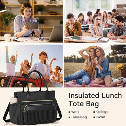 Holuxer Large Lunch Bag for Women Adult Lunchbox Purse for Work, 14L Leakproof Cooler Lunchbag Box for Woman Picnic Beach, Insulated Tote Bags (Black)