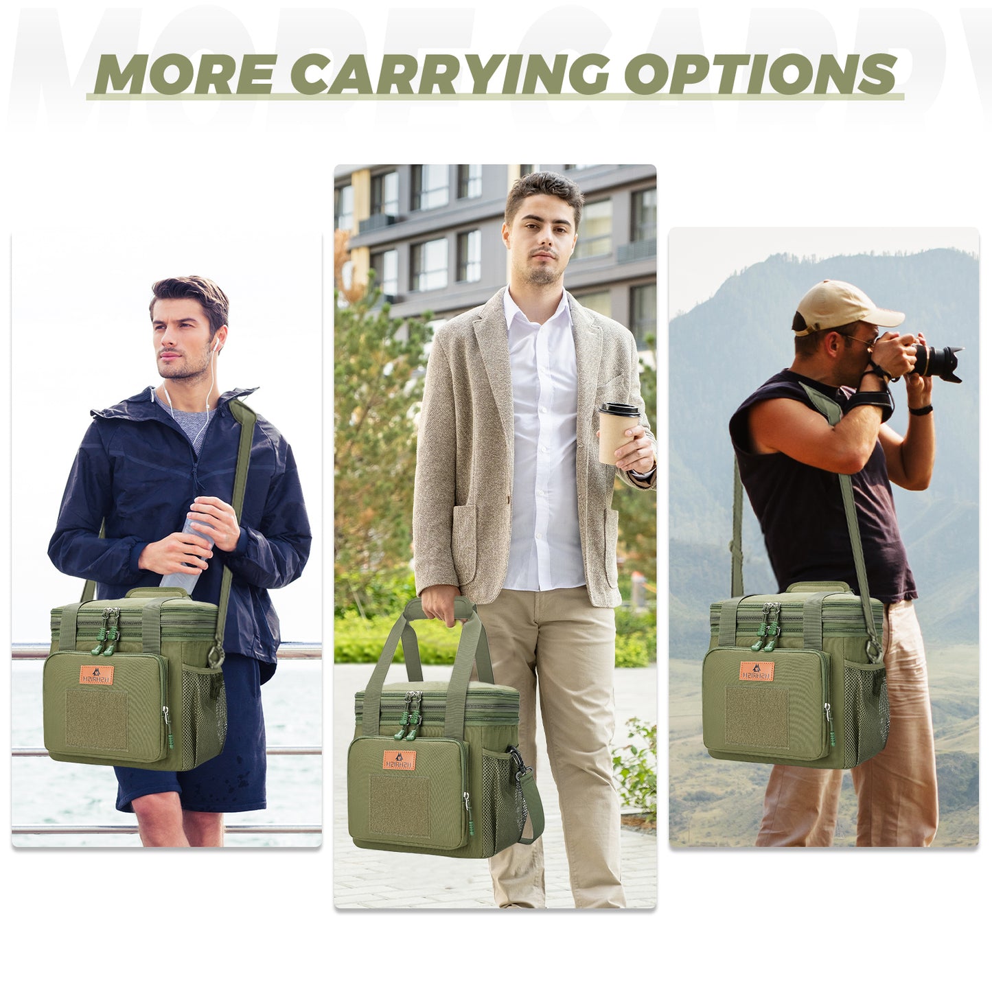 Holuxer Large Lunch Boxes for Men/Adults, Expandable Double-Deck Insulated Lunch Bag with Shoulder Strap, Soft Leakproof Cooler Bags for Work Outdoor Picnic Trips, 20 Can/16L, Green, Mesh