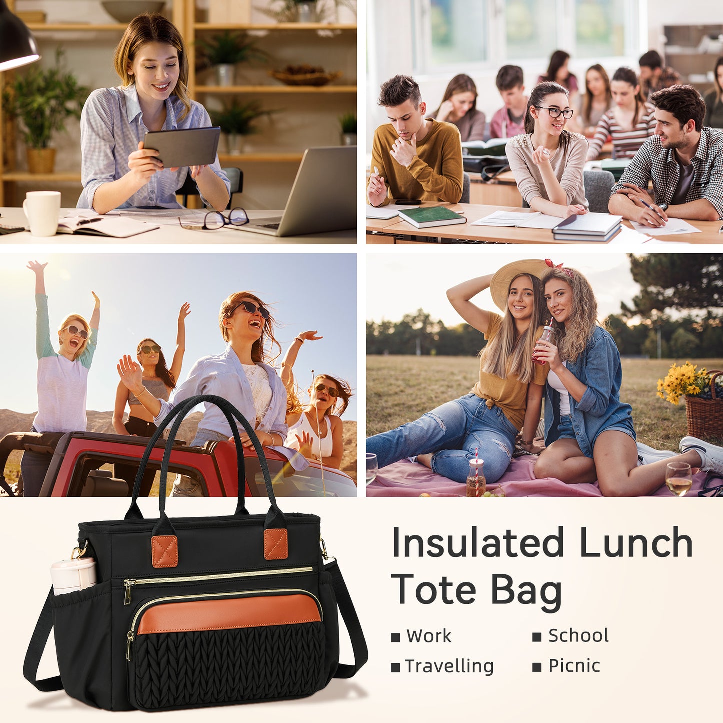 Holuxer Large Lunch Bag for Women 14L Insulated Lunch Box for Work, Freezable Leakproof Cooler Tote Bags with Shoulder Strap, 1 Count (Black Brown)