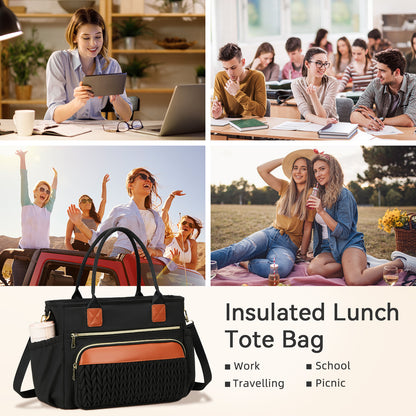 Holuxer Large Lunch Bag for Women 14L Insulated Lunch Box for Work, Freezable Leakproof Cooler Tote Bags with Shoulder Strap, 1 Count (Black Brown)