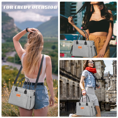 Holuxer Large Lunch Bag for Women, Insulated Lunchbox for Work, Leakproof Cooler Purse with Side Pockets & Removable Shoulder Strap Womens Lunch Tote Bag for Picnic Beach Cute Lunch Bags, Stripe