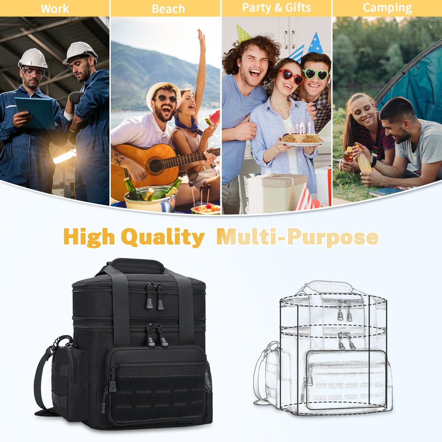 Holuxer Tactical Lunch Box for Men, Double Deck Expandable Mens Lunch Bag for Work Travel Daytrip Picnic Camping, Large Capacity Cooler Bags with Adjustable Shoulder Strap, Black