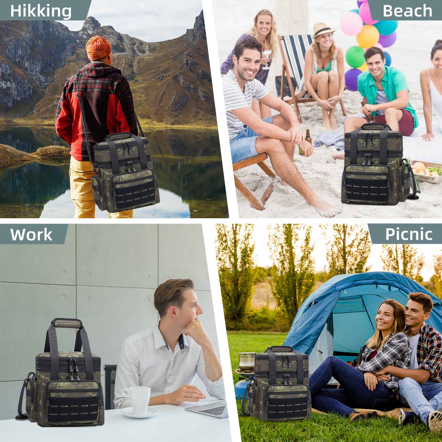 Holuxer Insulated Lunch Bag for Men/Adults, Double Deck Expandable Camping Lunch Box for Work Travel Daytrip Picnic Outdoor, Large Leakproof Cooler Bags with Adjustable Shoulder Strap Organizer Camo