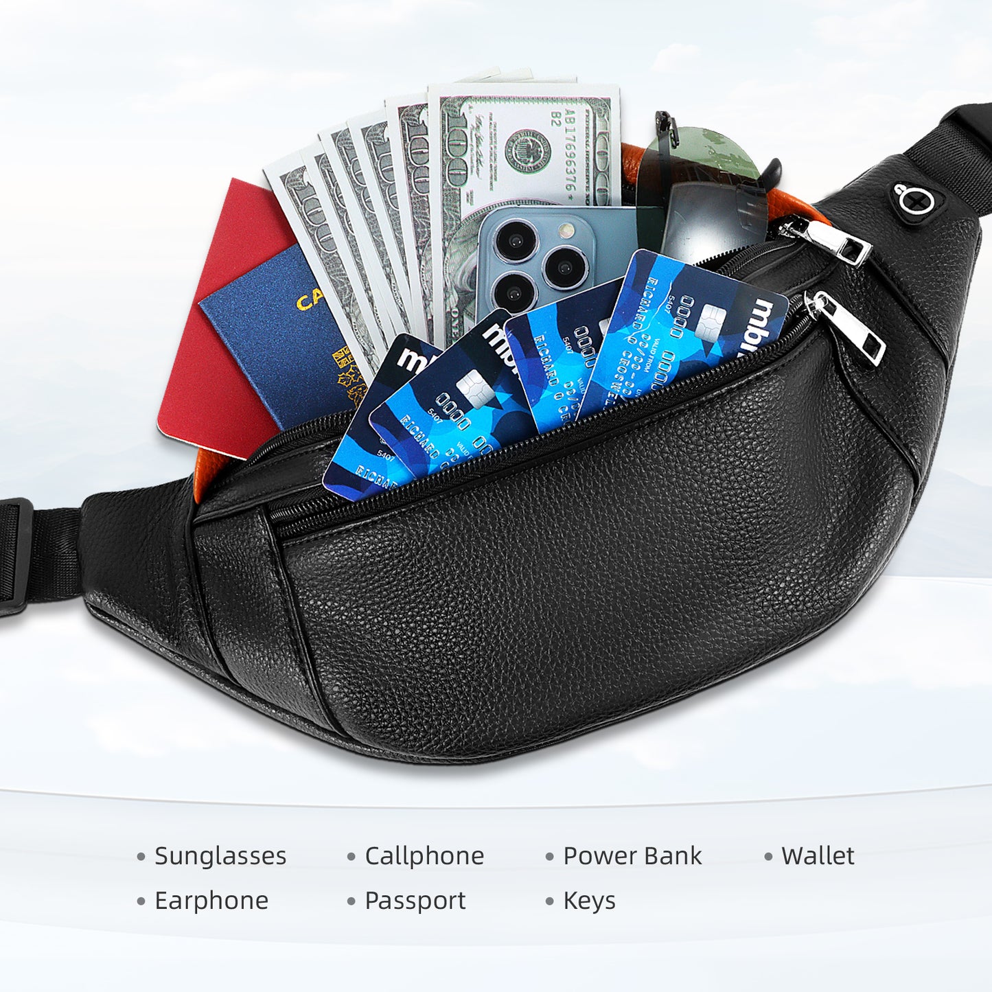 Holuxer Leather Fanny Pack Waist Packs for Women/Men, Fashion Waterproof Waist Bag with Adjustable Belt for Travel Sports Running black