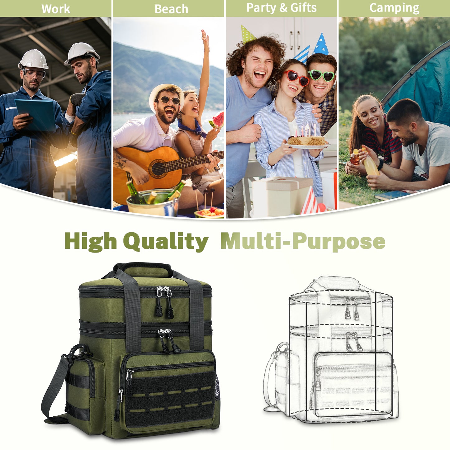 Holuxer Lunch Box for Men, 24 Can Double Deck Expandable Tactical Mens Lunch Bag for Work Travel Daytrip Picnic Camping, Large Capacity Cooler Bags with Adjustable Shoulder Strap, Green