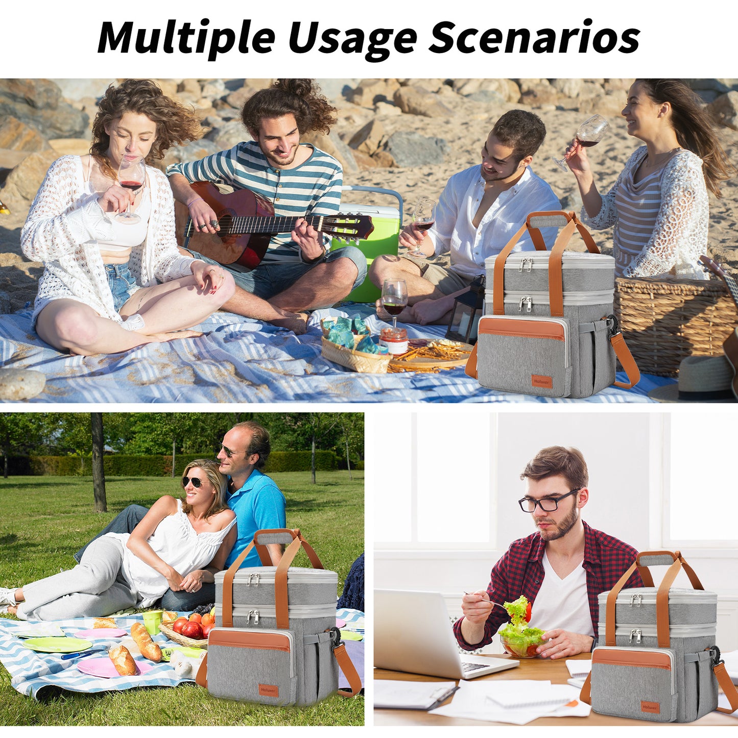 Holuxer Insulated Lunch Box for Men Lunch Bags, Expandable Large Lunchbox for Work Picnic Office, Outdoor Reusable Double Deck Coolers Tote for Adults Gray 15L