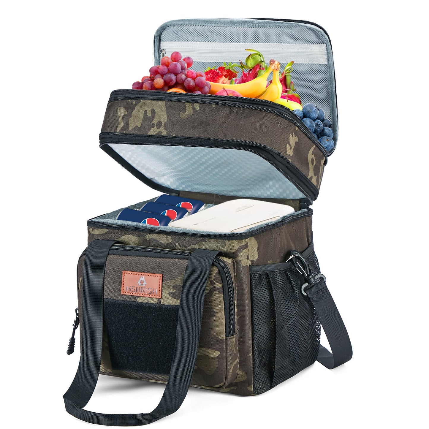 Holuxer Expandable Insulated Lunch Box for Men, Large Durable Thermal Lunch Bag with Shoulder Strap, Soft Leakproof Cooler Bags for Work Outdoor Picnic Trips, 20 Can/16 L, Camo, Mesh