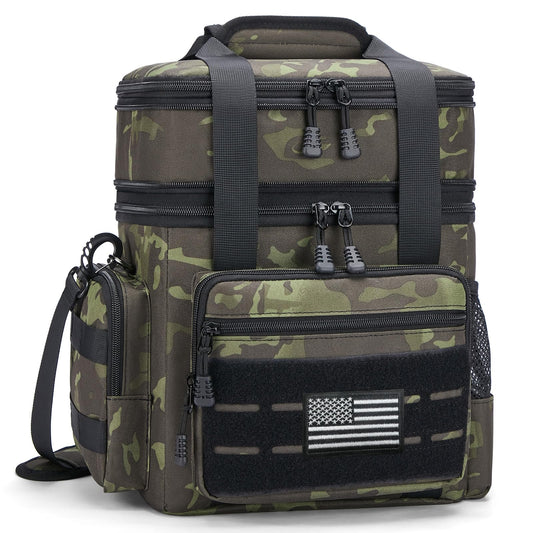 Holuxer Large Lunch Boxes for Men/Adults, Double Deck Expandable Camping Lunch Bag for Work Travel Daytrip Picnic Outdoor, Insulated Leakproof Cooler Bags with Flag Adjustable Shoulder Strap Camo