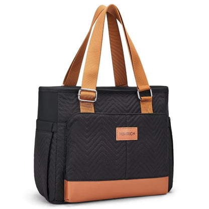 Holuxer Lunch Tote Bag for Women, Large Lunch Box for Work, Leakproof Oxford Lunchbox Shoulder Bags, Fashion Totes Cooler Purse with Storage Front Pocket for Work Picnic, Black Brown Leather 12L