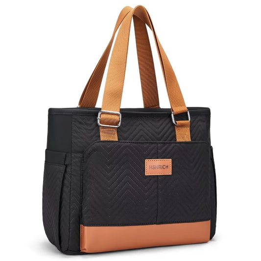 Holuxer Lunch Tote Bag for Women, Large Lunch Box for Work, Leakproof Oxford Lunchbox Shoulder Bags, Fashion Totes Cooler Purse with Storage Front Pocket for Work Picnic, Black Brown Leather 12L