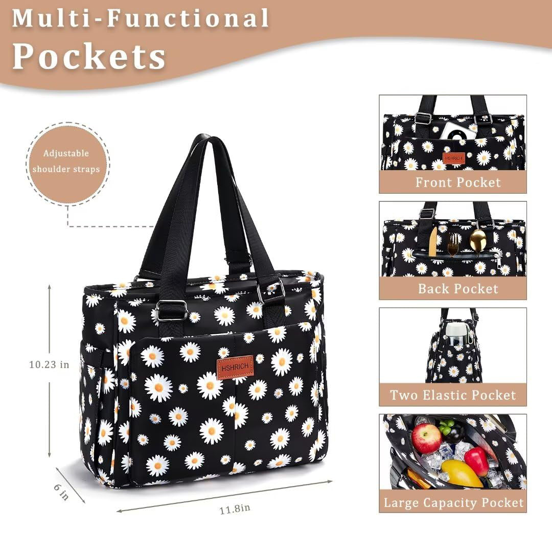Holuxer Large Lunch Box for Women Lunch Bags, Insulated Tote Handbag, Leakproof Coolers Bag with Front Pocket, Fashion Shoulder Purse for Working Hiking Picnic 12L, White Daisies