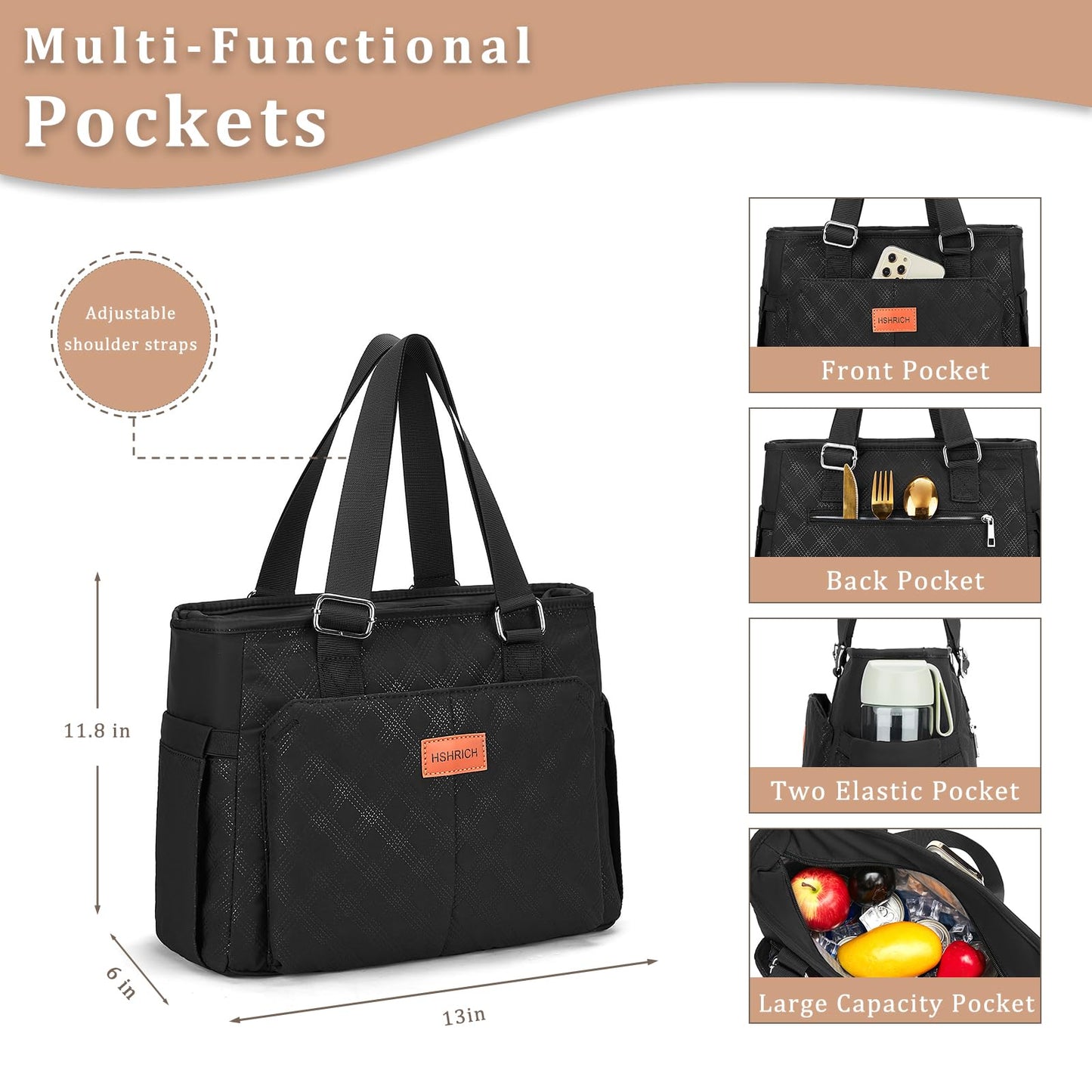 Holuxer Large Lunch Bag for Women, Insulated Adult Lunch Box for Work, Leakproof Cooler Lunch Tote Bags with Storage Pocket. Reusable Lunchbox Purse for Works Picnic Hiking 14L, Black