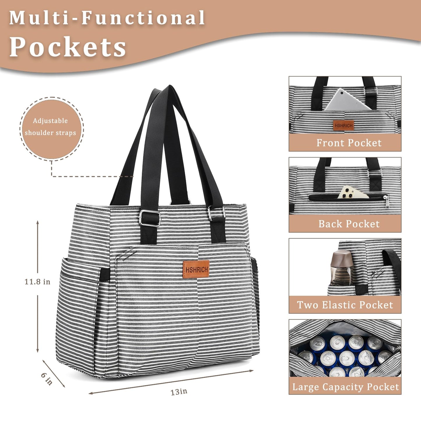 Holuxer Large Women Lunch Bags for Work, Insulated Adult Lunch Box for Womens, Leakproof Cooler Lunch Tote Bag with Storage Pocket. Reusable Lunch Coolers Purse for Work Picnic Hiking 14L, Stripe