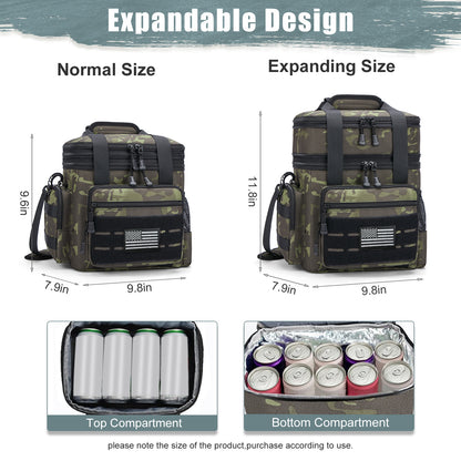 Holuxer Large Lunch Boxes for Men/Adults, Double Deck Expandable Camping Lunch Bag for Work Travel Daytrip Picnic Outdoor, Insulated Leakproof Cooler Bags with Flag Adjustable Shoulder Strap Camo