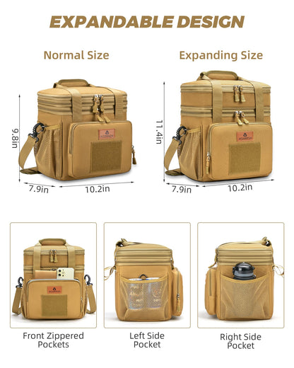 Holuxer Double Deck Large Tactical Lunch Bag for Adults, Leakproof Insulated Lunch Bag with Shoulder Strap, Lunch Cooler Box for Men Work Outdoor Picnic Trips, 20 Cans/16 L, Brown