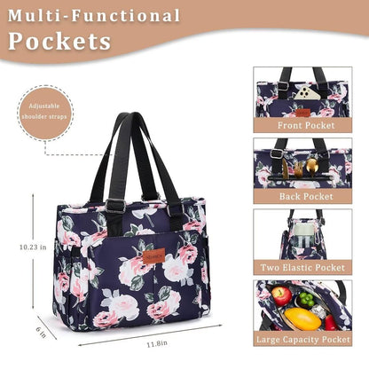 Holuxer Insulated Lunch Box for Women, 12L Lunch Totes Handbags for Works, Leakproof Shoulder Bags, Fashion Tote Cooler Bag with Storage Front Pocket for Picnic, Peony