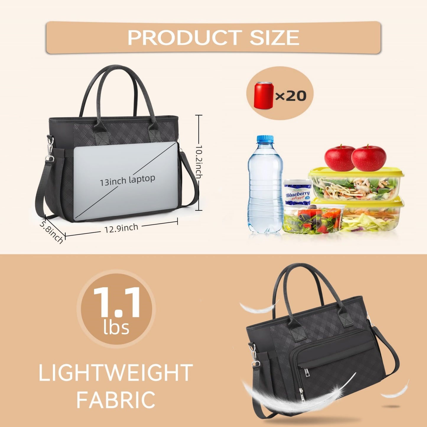 Holuxer Insulated Lunch Bags for Women, Large Fashion Lunch Tote Bag, Reusable Portable Tote Handbag, Leakproof Cooler Bags Weekender Pocket Handbags for Work Picnic Outdoor 10L, Black-Rhombic Plaid