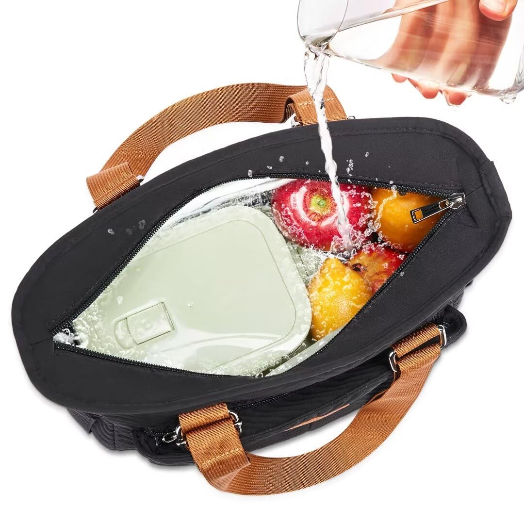 Holuxer Lunch Tote Bag for Women, Large Lunch Box for Work, Leakproof Oxford Lunchbox Shoulder Bags, Fashion Totes Cooler Purse with Storage Front Pocket for Work Picnic, Black Brown Leather 12L