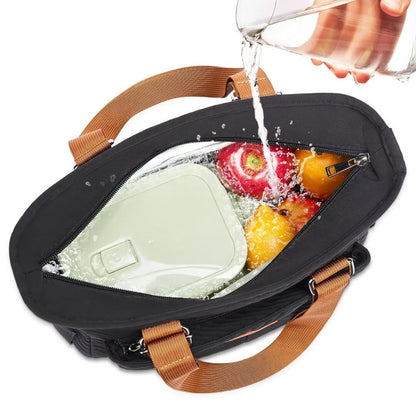 Holuxer Lunch Tote Bag for Women, Large Lunch Box for Work, Leakproof Oxford Lunchbox Shoulder Bags, Fashion Totes Cooler Purse with Storage Front Pocket for Work Picnic, Black Brown Leather 12L