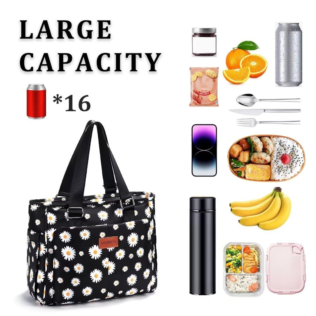 Holuxer Large Lunch Box for Women Lunch Bags, Insulated Tote Handbag, Leakproof Coolers Bag with Front Pocket, Fashion Shoulder Purse for Working Hiking Picnic 12L, White Daisies