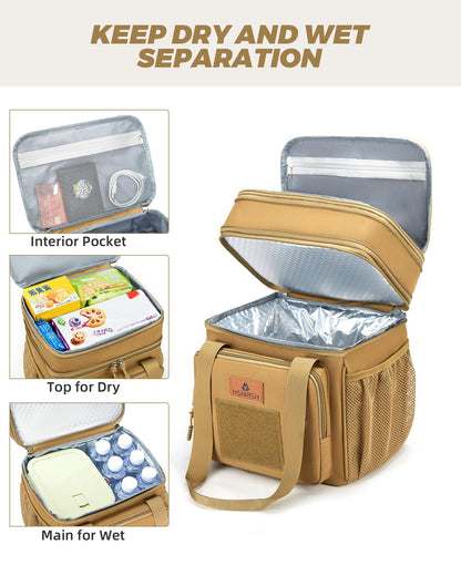 Holuxer Double Deck Large Tactical Lunch Bag for Adults, Leakproof Insulated Lunch Bag with Shoulder Strap, Lunch Cooler Box for Men Work Outdoor Picnic Trips, 20 Cans/16 L, Brown
