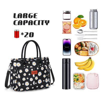 Holuxer Lunch Bag for Women, Insulated Lunchbox for Work, Large Leakproof Cooler Purse with Side Pockets & Removable Shoulder Strap Women's Lunch Tote Bag for Picnic Beach Cute Lunch Bags, Daisy