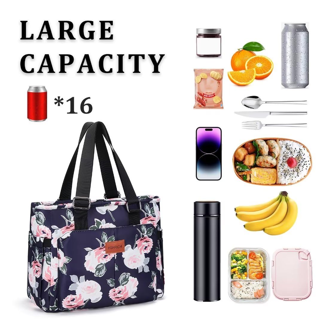 Holuxer Insulated Lunch Box for Women, 12L Lunch Totes Handbags for Works, Leakproof Shoulder Bags, Fashion Tote Cooler Bag with Storage Front Pocket for Picnic, Peony