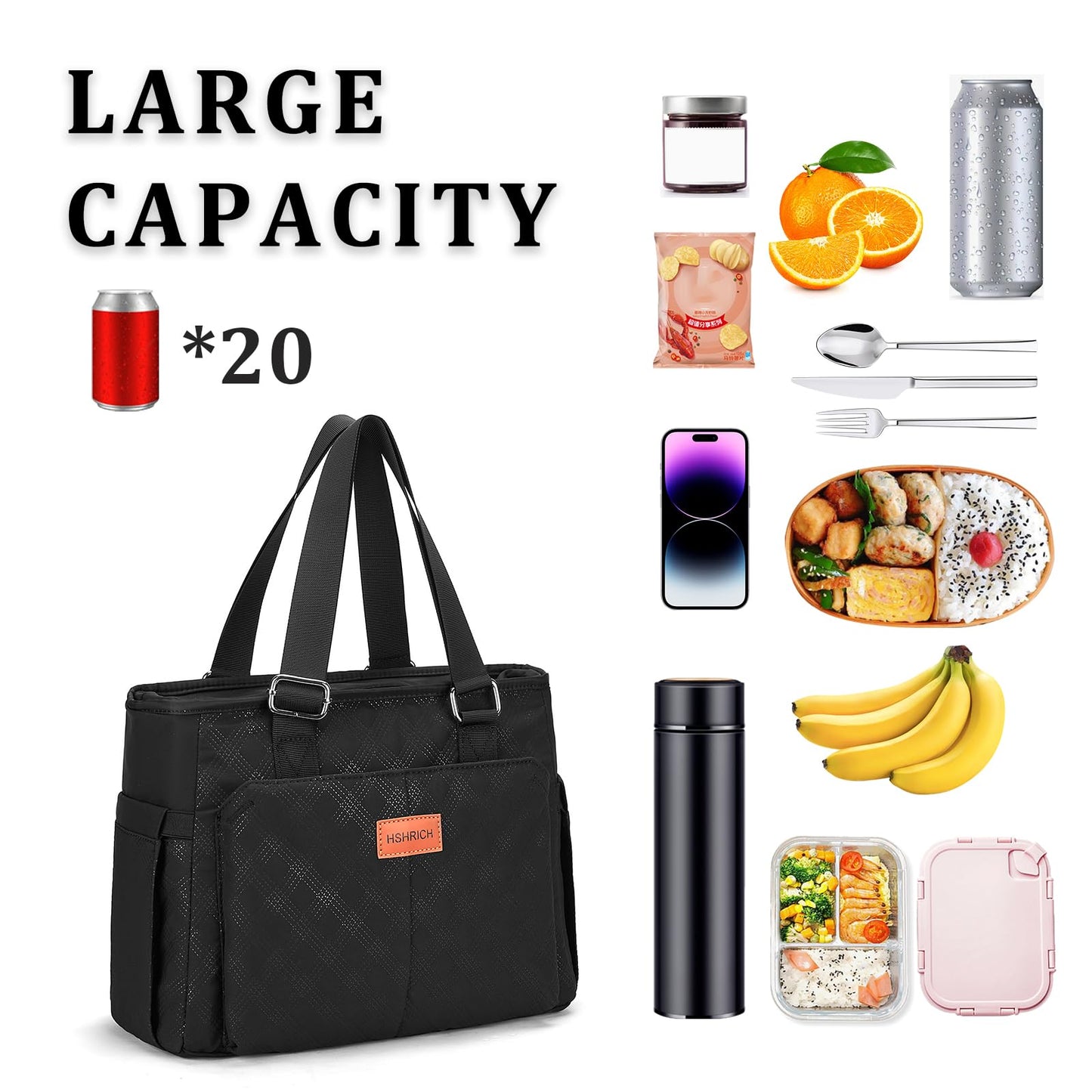 Holuxer Large Lunch Bag for Women, Insulated Adult Lunch Box for Work, Leakproof Cooler Lunch Tote Bags with Storage Pocket. Reusable Lunchbox Purse for Works Picnic Hiking 14L, Black