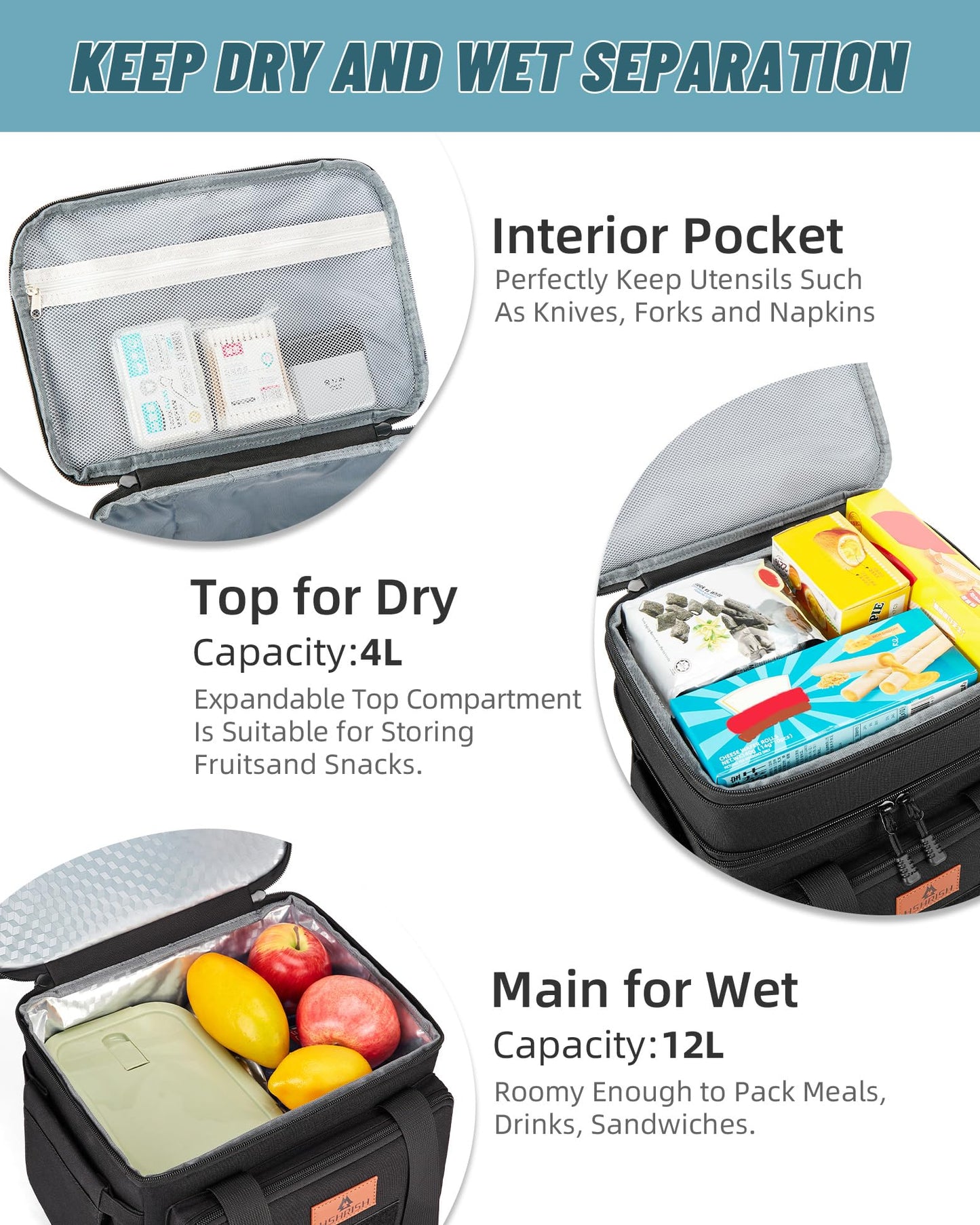 Holuxer Tactical Lunch Bags for Men, Large Expandable Insulated Lunch Box with Flag, Durable Waterproof Leakproof Cooler Bag for Adults/Women/Work Outdoor Beach Trips, 20 Cans/16 L, Black
