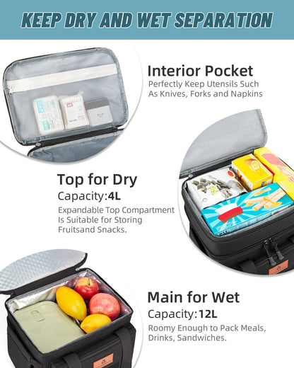 Holuxer Tactical Lunch Bags for Men, Large Expandable Insulated Lunch Box with Flag, Durable Waterproof Leakproof Cooler Bag for Adults/Women/Work Outdoor Beach Trips, 20 Cans/16 L, Black