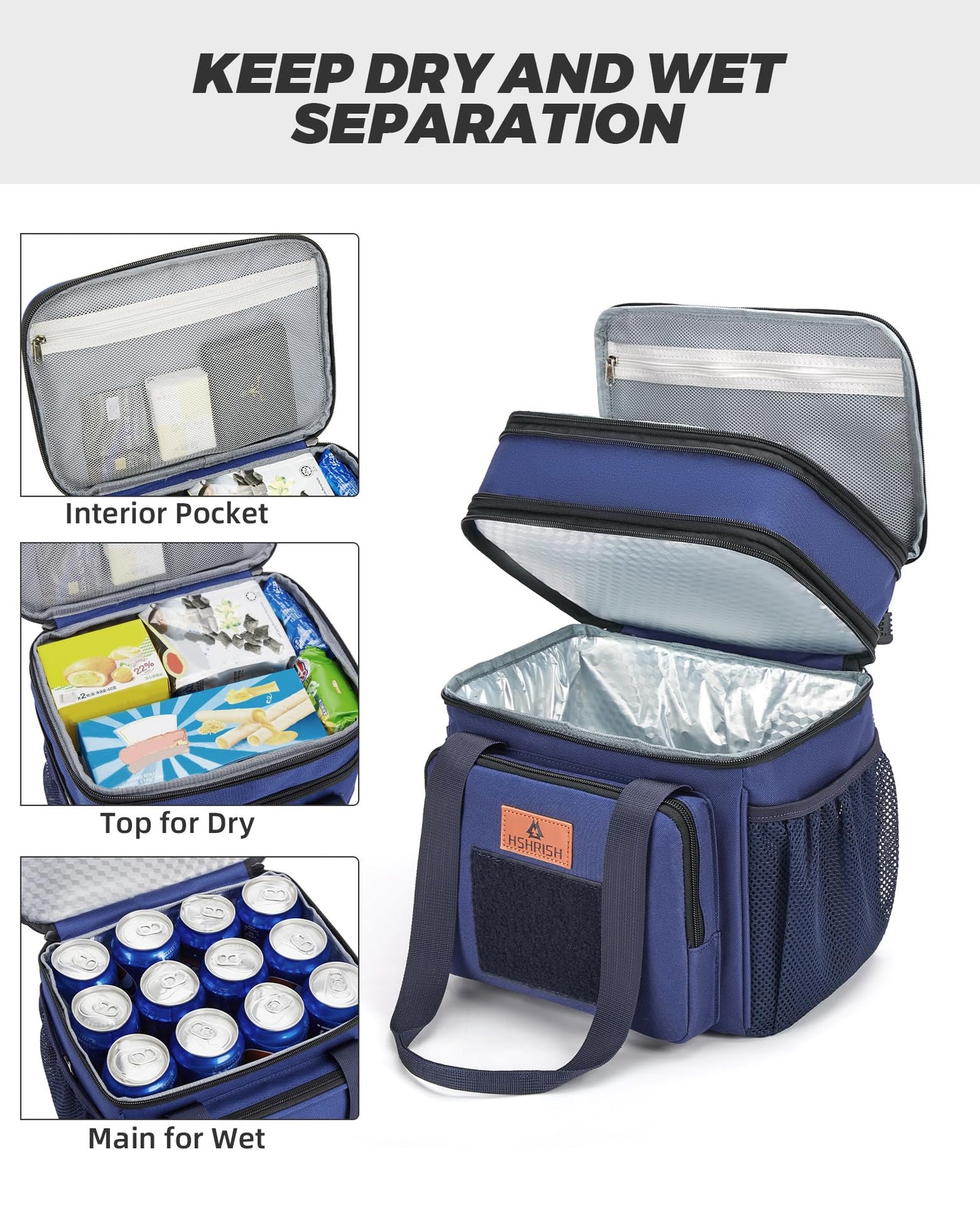 Holuxer Large Lunch Boxes for Men/Adults, Expandable Double-Deck Insulated Lunch Bag with Shoulder Strap, Soft Leakproof Cooler Bags for Work Outdoor Picnic Trips, 20 Can/16L, Blue, Mesh