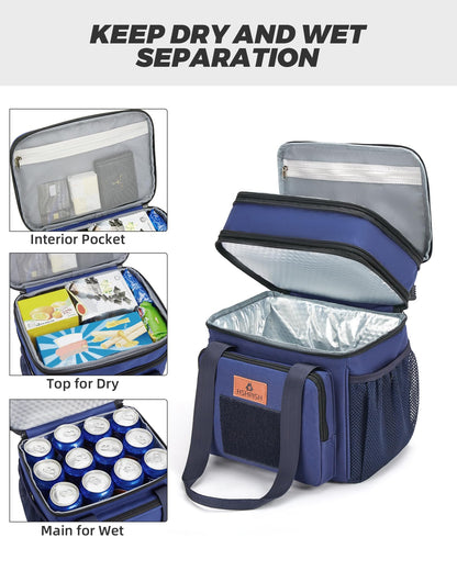 Holuxer Large Lunch Boxes for Men/Adults, Expandable Double-Deck Insulated Lunch Bag with Shoulder Strap, Soft Leakproof Cooler Bags for Work Outdoor Picnic Trips, 20 Can/16L, Blue, Mesh