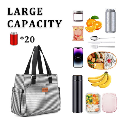 Holuxer Large Women Lunch Bags for Work, Insulated Adult Lunch Box for Womens, Leakproof Cooler Lunch Tote Bag with Storage Pocket. Reusable Lunch Coolers Purse for Work Picnic Hiking 14L, Stripe