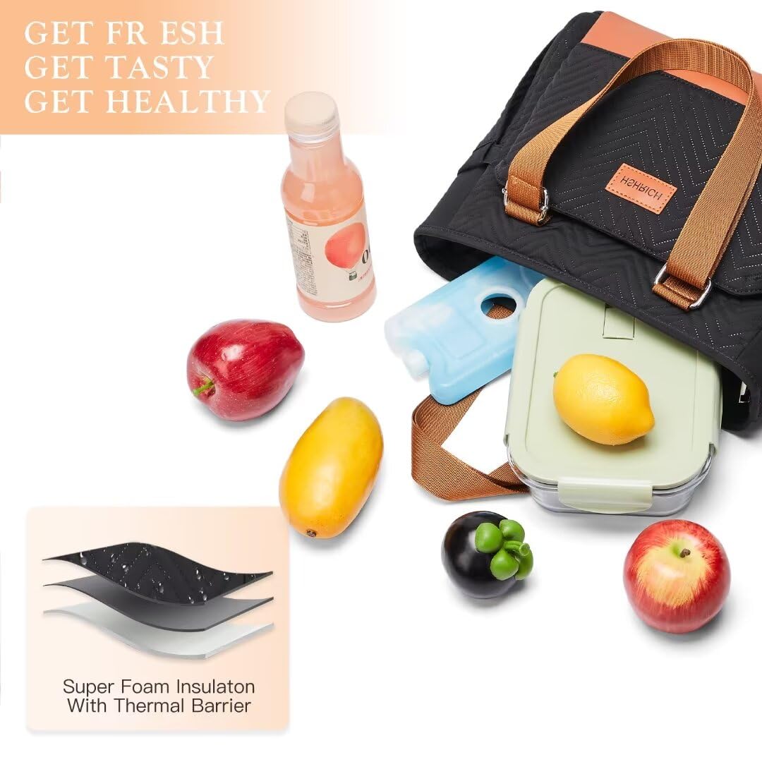 Holuxer Lunch Tote Bag for Women, Large Lunch Box for Work, Leakproof Oxford Lunchbox Shoulder Bags, Fashion Totes Cooler Purse with Storage Front Pocket for Work Picnic, Black Brown Leather 12L