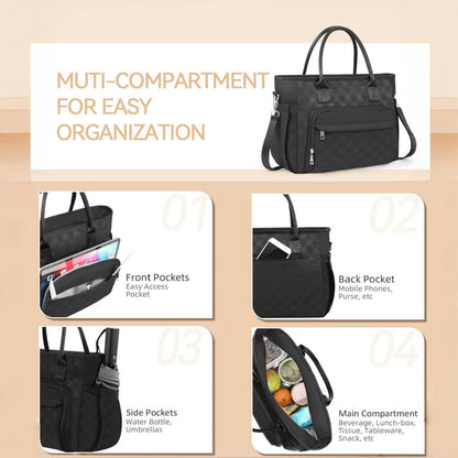 Holuxer Insulated Lunch Bags for Women, Large Fashion Lunch Tote Bag, Reusable Portable Tote Handbag, Leakproof Cooler Bags Weekender Pocket Handbags for Work Picnic Outdoor 10L, Black-Rhombic Plaid