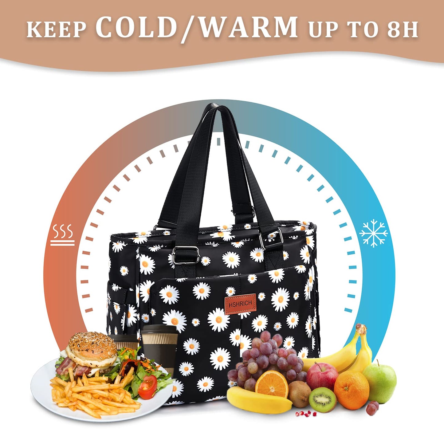 Holuxer Large Lunch Box for Women Lunch Bags, Insulated Tote Handbag, Leakproof Coolers Bag with Front Pocket, Fashion Shoulder Purse for Working Hiking Picnic 12L, White Daisies