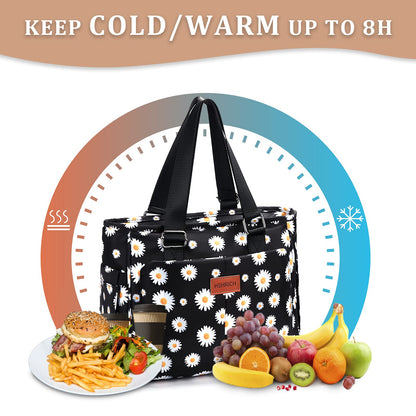 Holuxer Large Lunch Box for Women Lunch Bags, Insulated Tote Handbag, Leakproof Coolers Bag with Front Pocket, Fashion Shoulder Purse for Working Hiking Picnic 12L, White Daisies