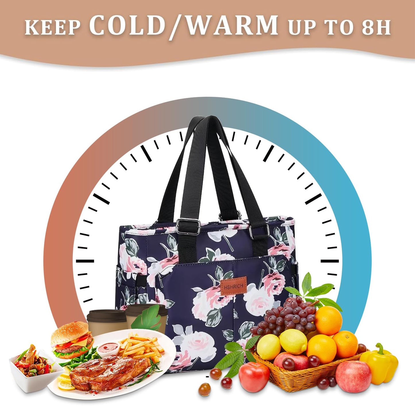 Holuxer Insulated Lunch Box for Women, 12L Lunch Totes Handbags for Works, Leakproof Shoulder Bags, Fashion Tote Cooler Bag with Storage Front Pocket for Picnic, Peony