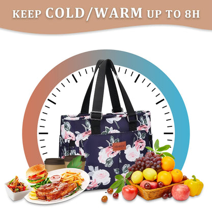 Holuxer Insulated Lunch Box for Women, 12L Lunch Totes Handbags for Works, Leakproof Shoulder Bags, Fashion Tote Cooler Bag with Storage Front Pocket for Picnic, Peony
