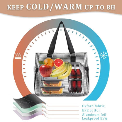 Large Women Lunch Bags/Insulated Adult Lunch Box/Leakproof Cooler Lunch Tote Bag with Storage Pocket. Reusable Lunch Purse for Work Picnic Hiking 12L, Stripe
