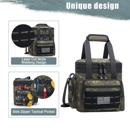 Holuxer Large Lunch Boxes for Men/Adults, Double Deck Expandable Camping Lunch Bag for Work Travel Daytrip Picnic Outdoor, Insulated Leakproof Cooler Bags with Flag Adjustable Shoulder Strap Camo
