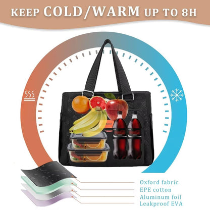 Holuxer Large Lunch Bag for Women, Insulated Adult Lunch Box for Work, Leakproof Cooler Lunch Tote Bags with Storage Pocket. Reusable Lunchbox Purse for Works Picnic Hiking 14L, Black