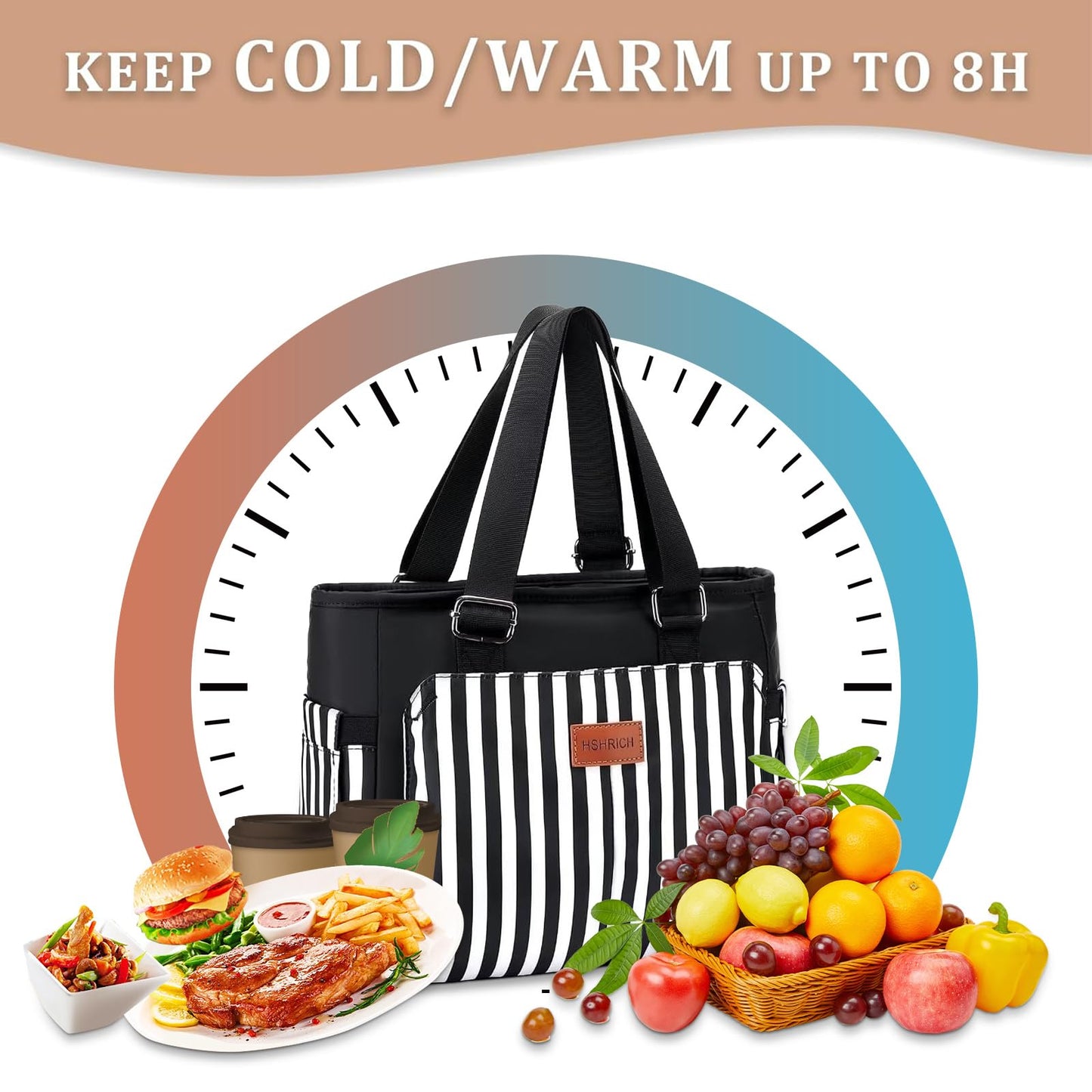 Insulated Women Lunch Bags for Work, Reusable Large Lunch Boxes for Womens, Leakproof Coolers Tote Bag Fashion Shoulder Purse for School Picnic, Stripe