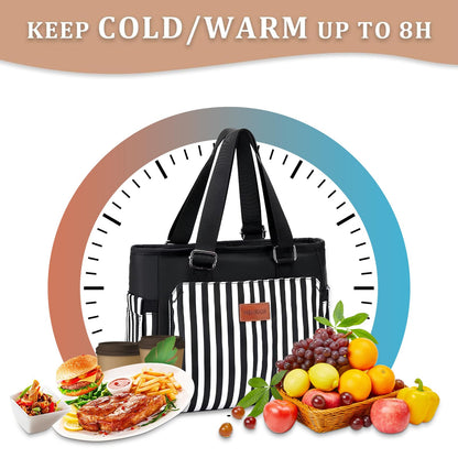 Insulated Women Lunch Bags for Work, Reusable Large Lunch Boxes for Womens, Leakproof Coolers Tote Bag Fashion Shoulder Purse for School Picnic, Stripe